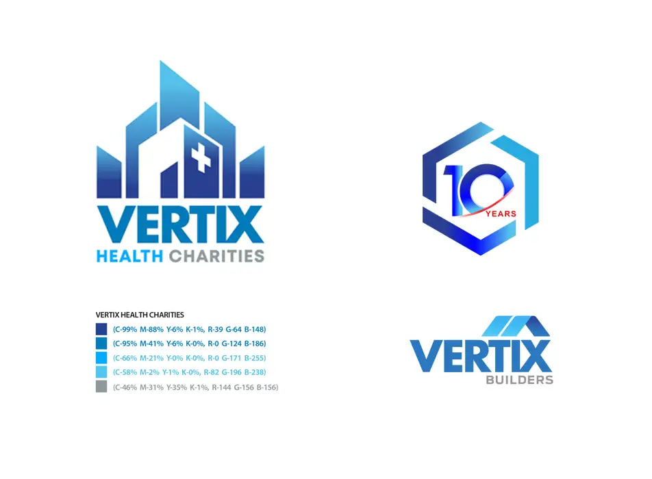 Collection of custom logos designed for Vertix Builders, including the 10th Anniversary logo and branding for Vertix Exhibits and Vertix Health Charities.