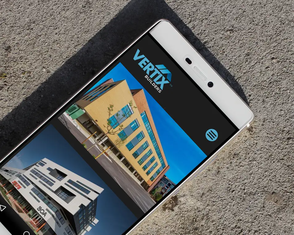 Mobile view of the custom Vertix Builders website showcasing a responsive construction portfolio and project gallery.