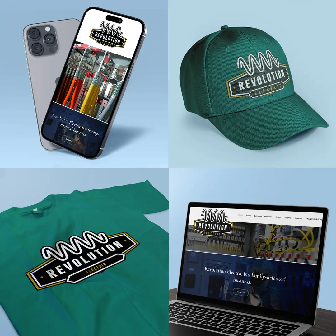 A variety of products with logo design printed on hats, t-shirt, mug