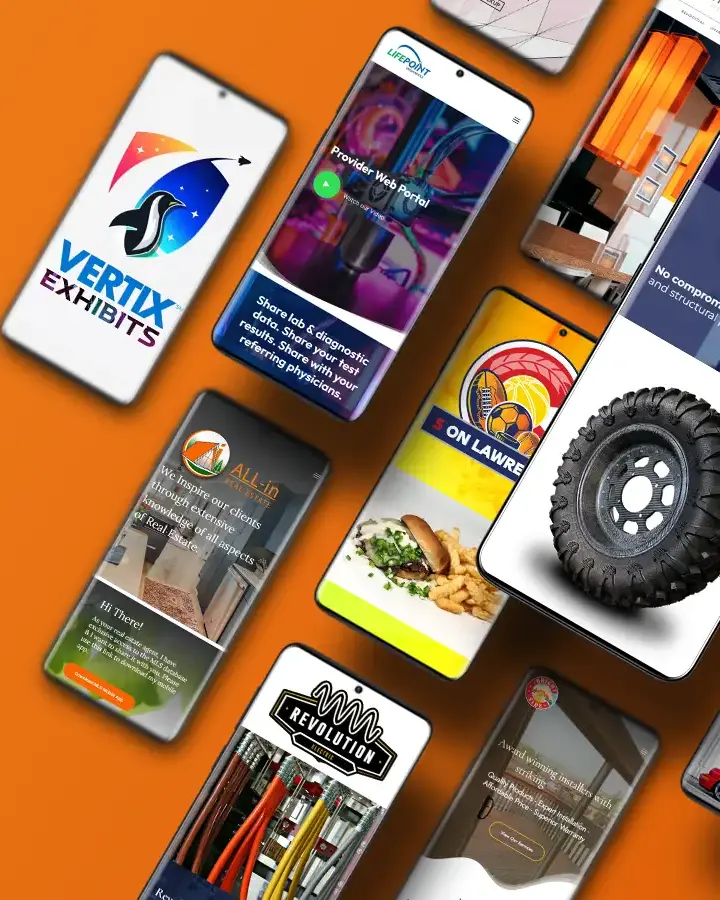 A collection of websites design and developed by big orange planet displayed on mobile phones