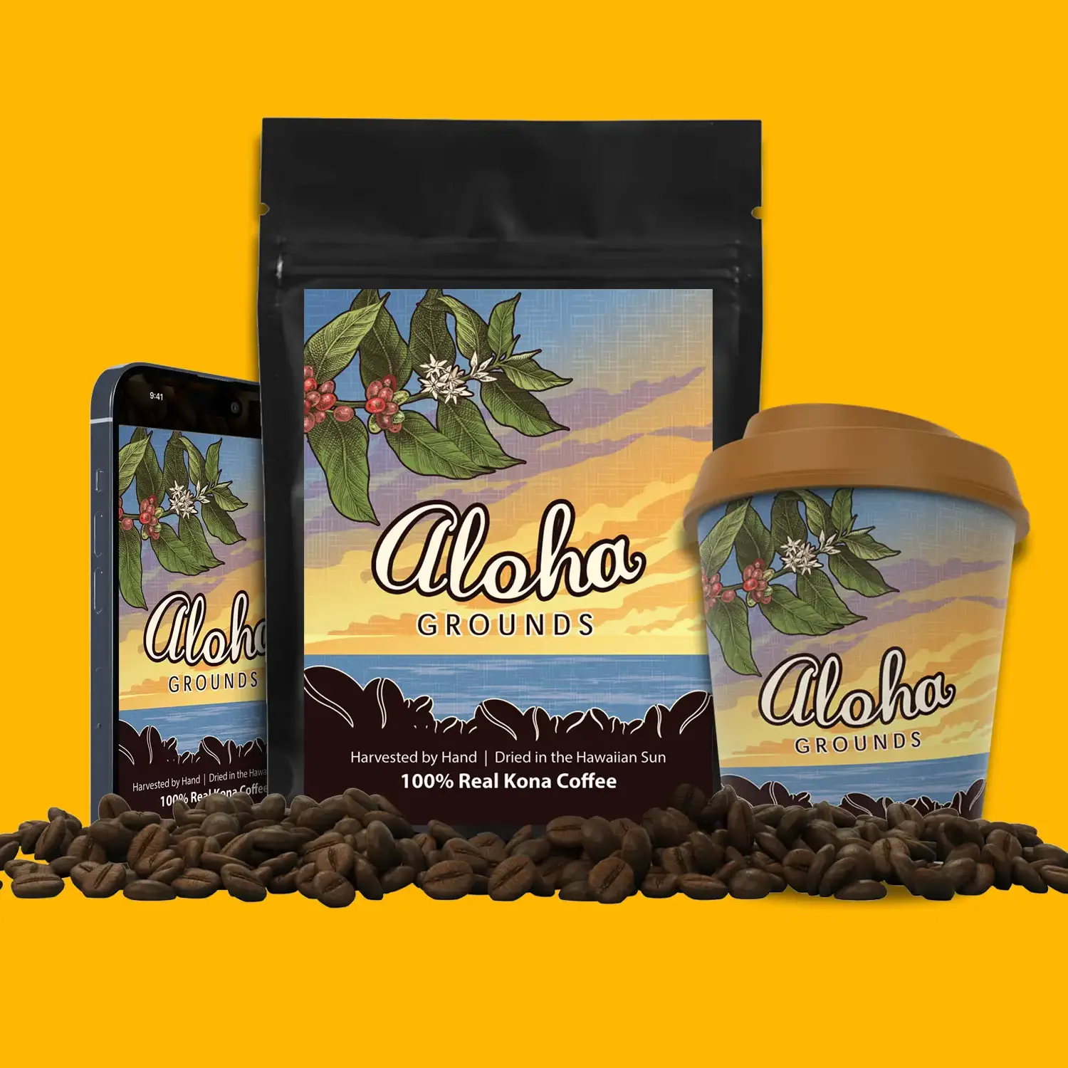Branding and logo design example shown on coffee packaging mockups