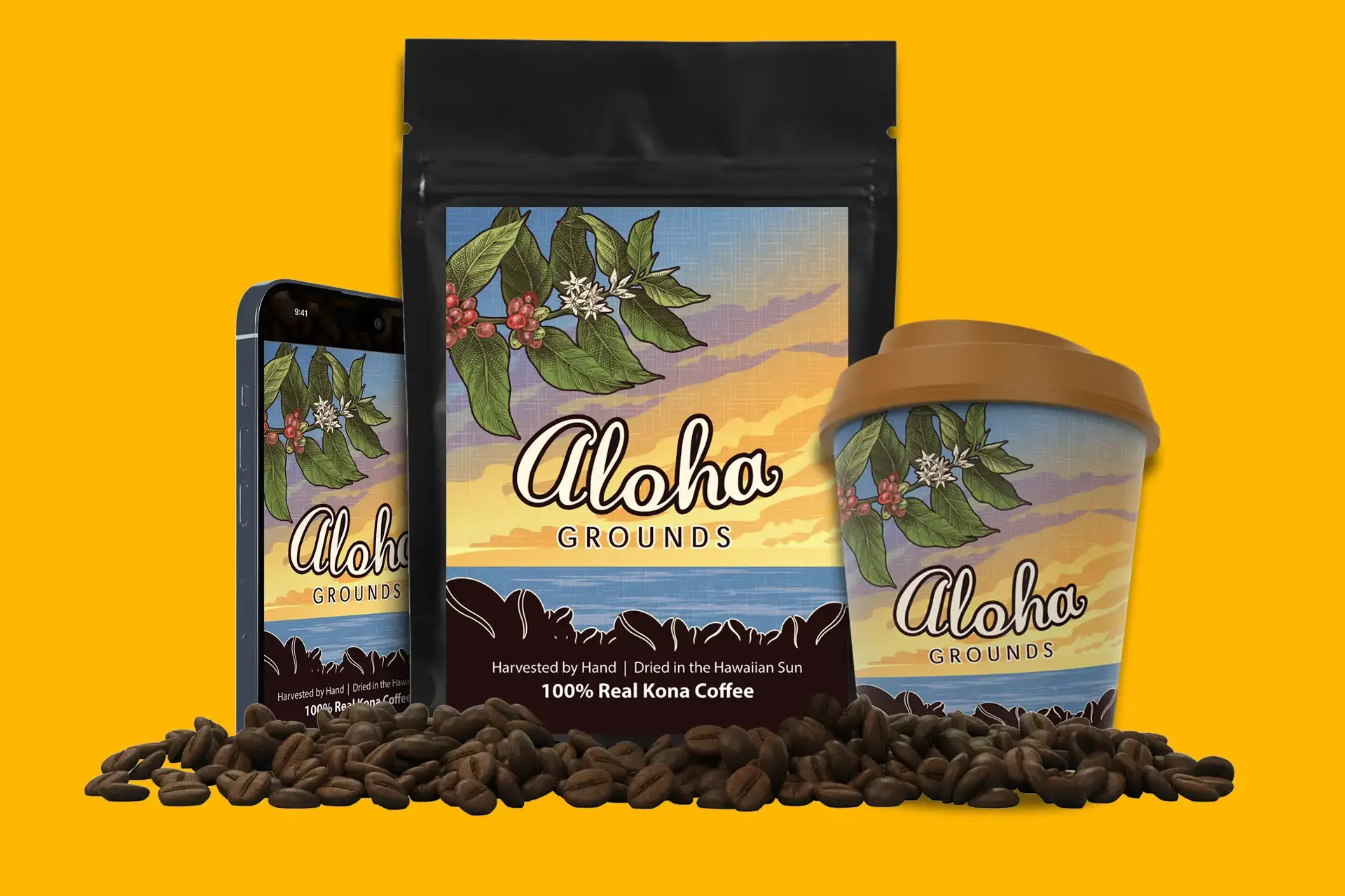 Branding and logo design example shown on coffee packaging mockups