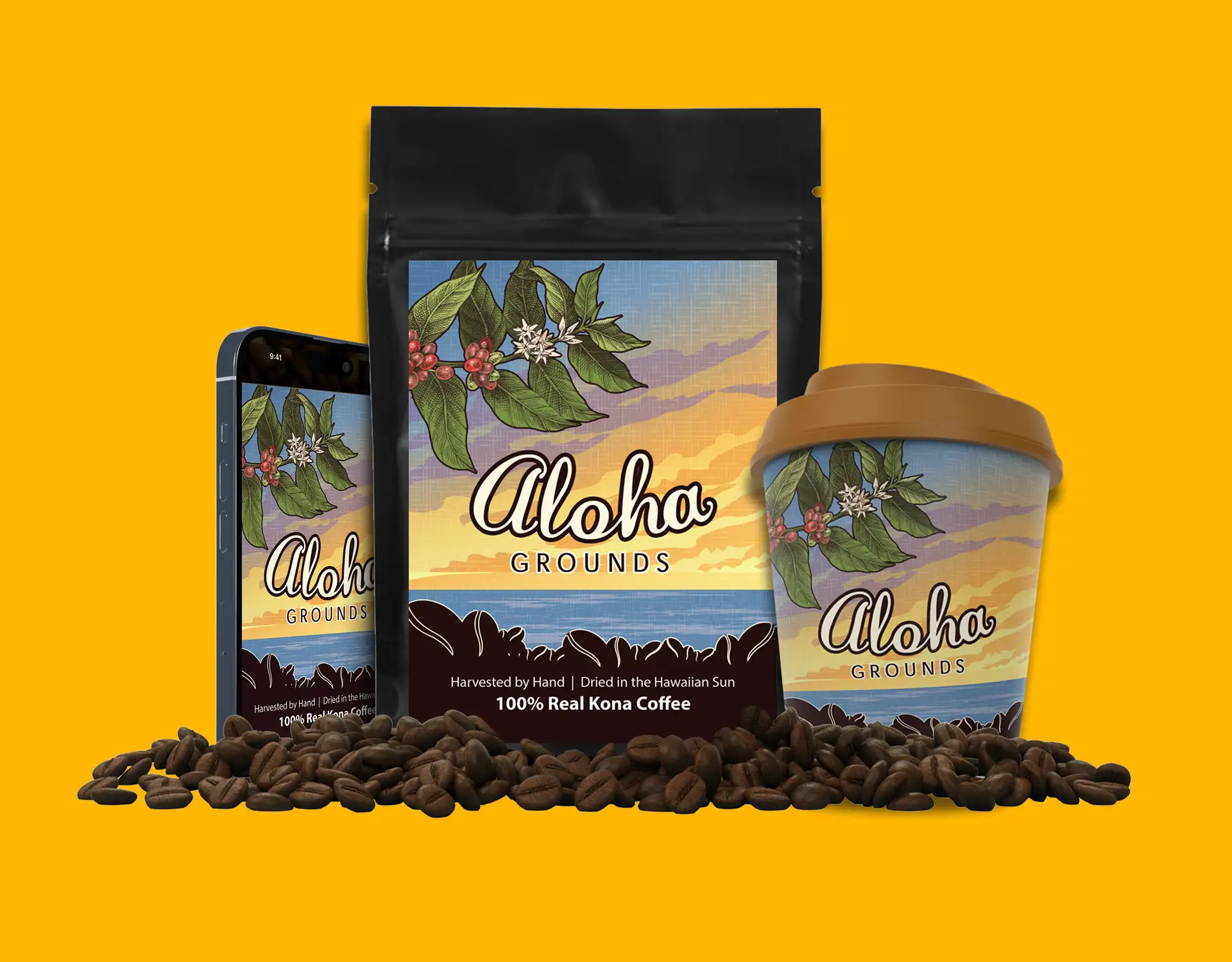 Branding and logo design example shown on coffee packaging mockups