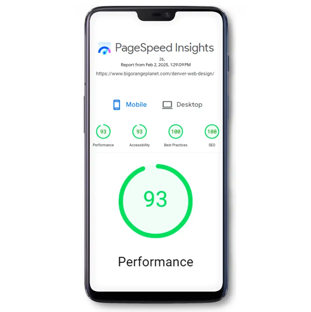 Google PageSpeed Insights performance score of 93