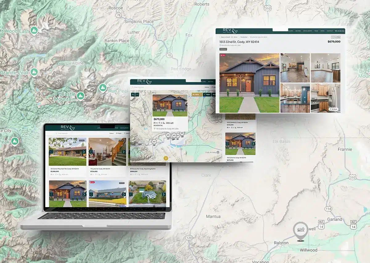 REVcody screens showing listings, map-based search, and a property detail gallery.