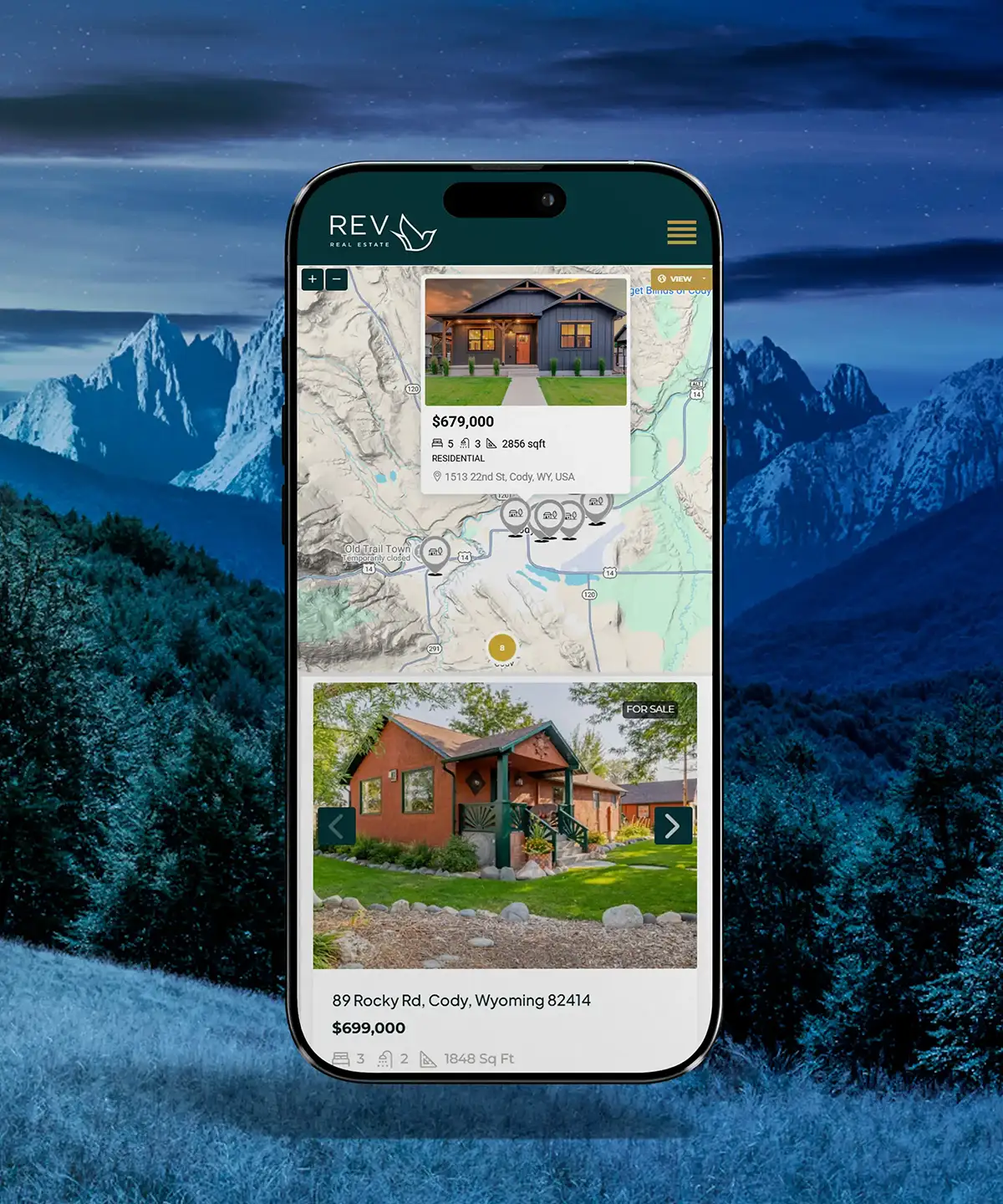Phone mockup showing REVcody map-based property search on mobile.