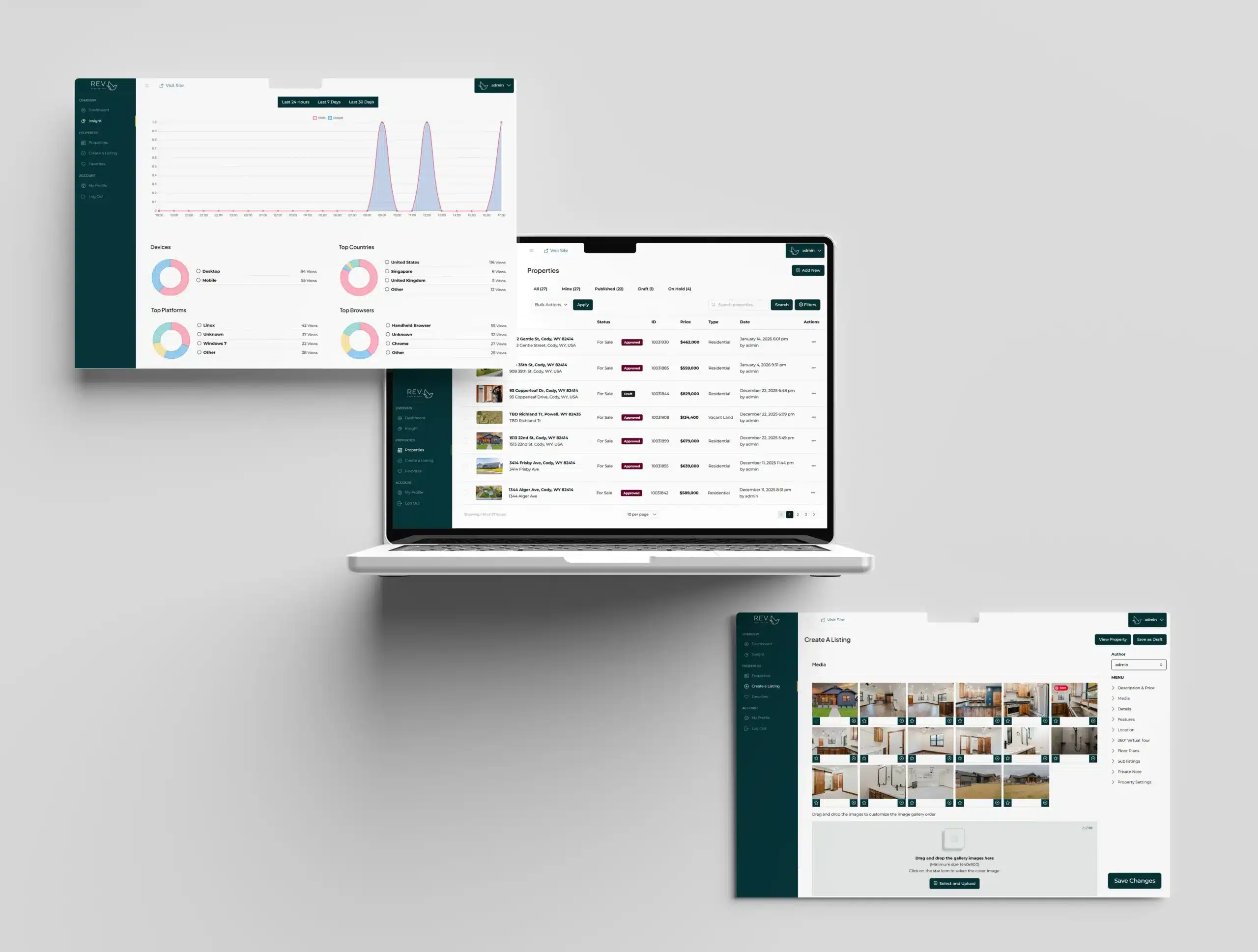 REVcody admin dashboard showing property management, analytics, and listing uploads.