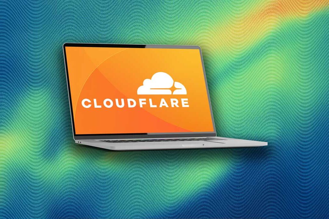 Cloudflare laptop illustration representing DDoS protection and low-latency routing for gaming proxies vs VPNs.