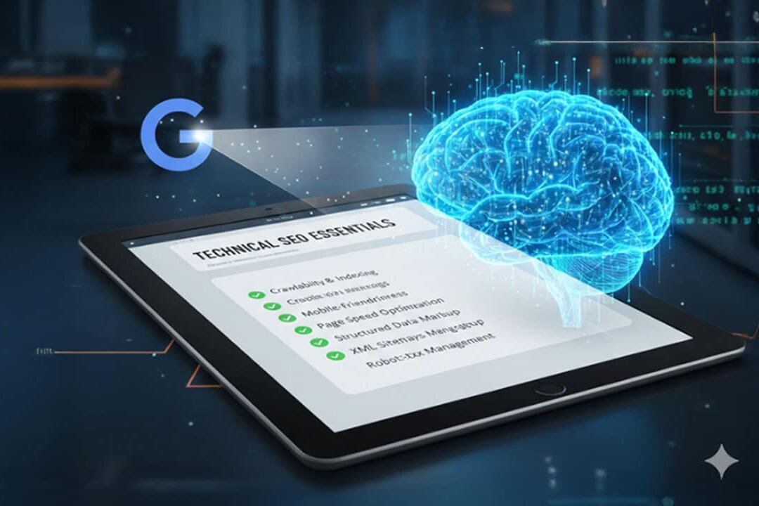 Website technical SEO audit dashboard with icons for speed, mobile, HTTPS, and indexing