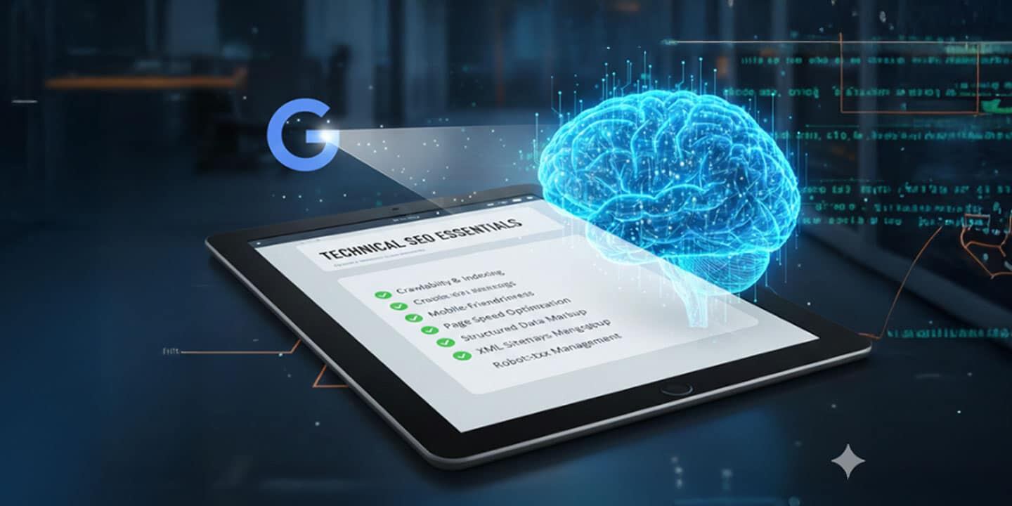 Website technical SEO audit dashboard with icons for speed, mobile, HTTPS, and indexing