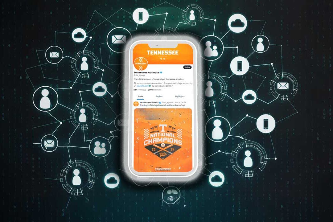 Smartphone with Tennessee Vols app screen surrounded by icons for streaming, podcasts, stats, and fan updates