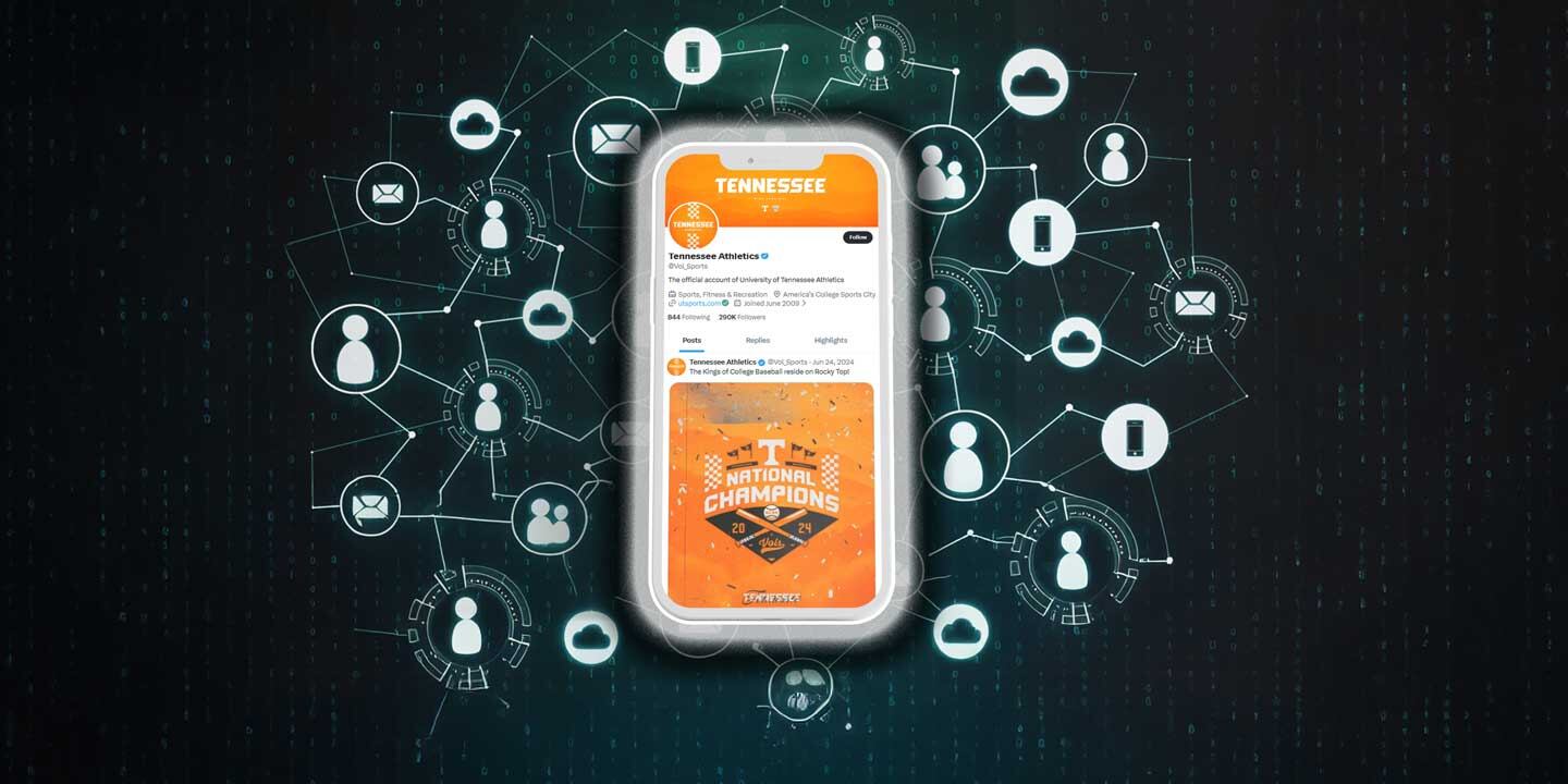 Smartphone with Tennessee Vols app screen surrounded by icons for streaming, podcasts, stats, and fan updates