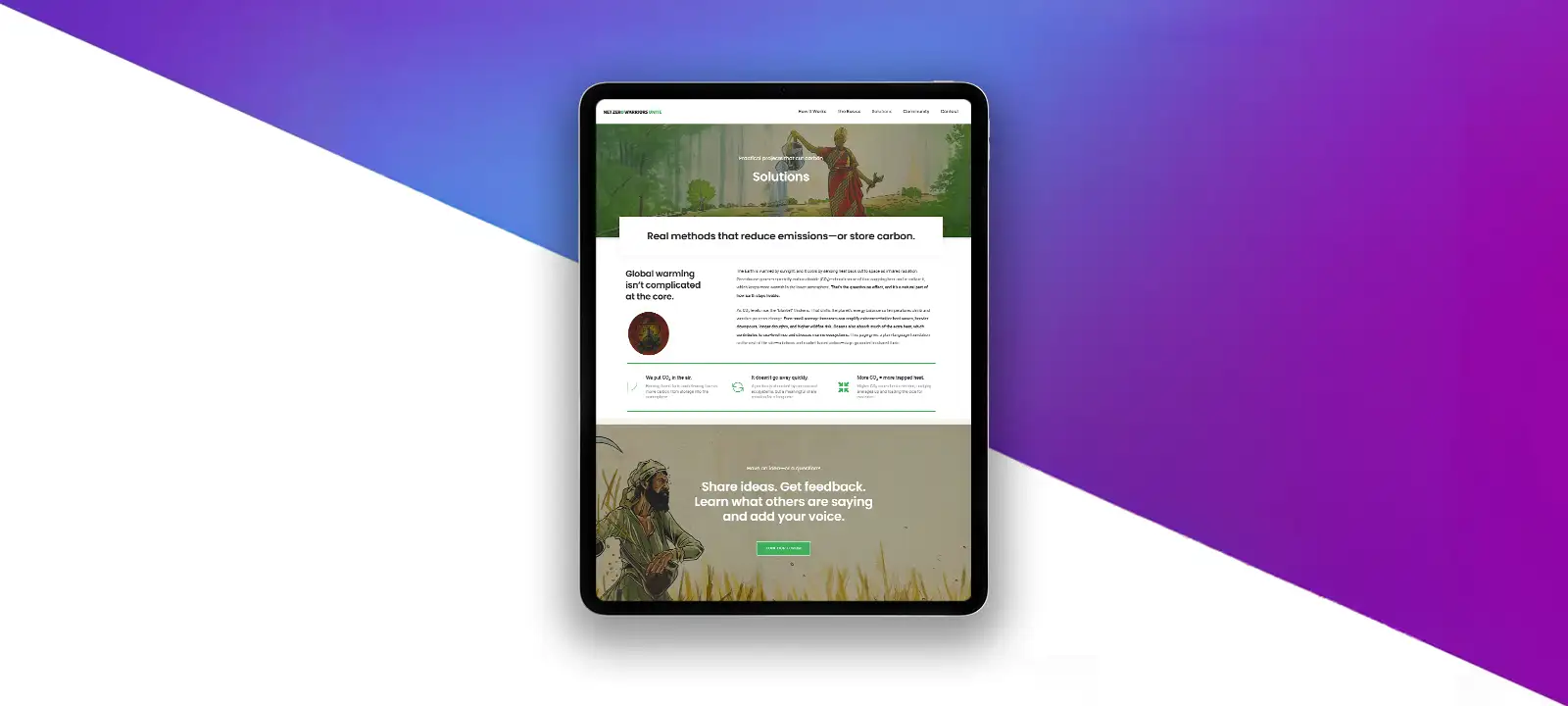 Responsive website design for Net Zero Warriors Unite displayed on a tablet, showcasing the custom nonprofit website created by Big Orange Planet.