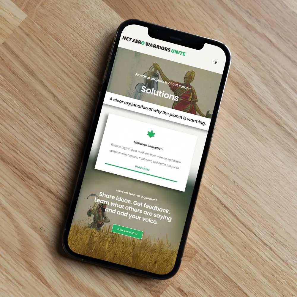 NetZero Warriors Unite mobile website design shown on smartphone mockup