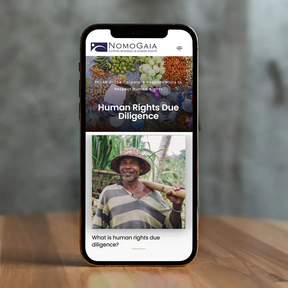 NomoGaia nonprofit website design displayed on mobile phone screen