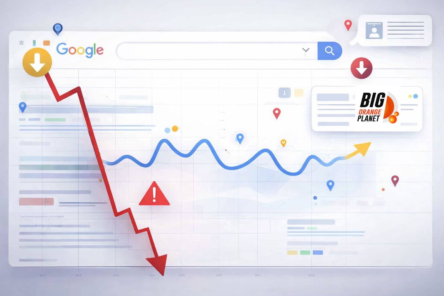 SEO ranking decline chart showing common causes of sudden Google ranking drops including algorithm updates, technical issues, content problems, and authority loss.