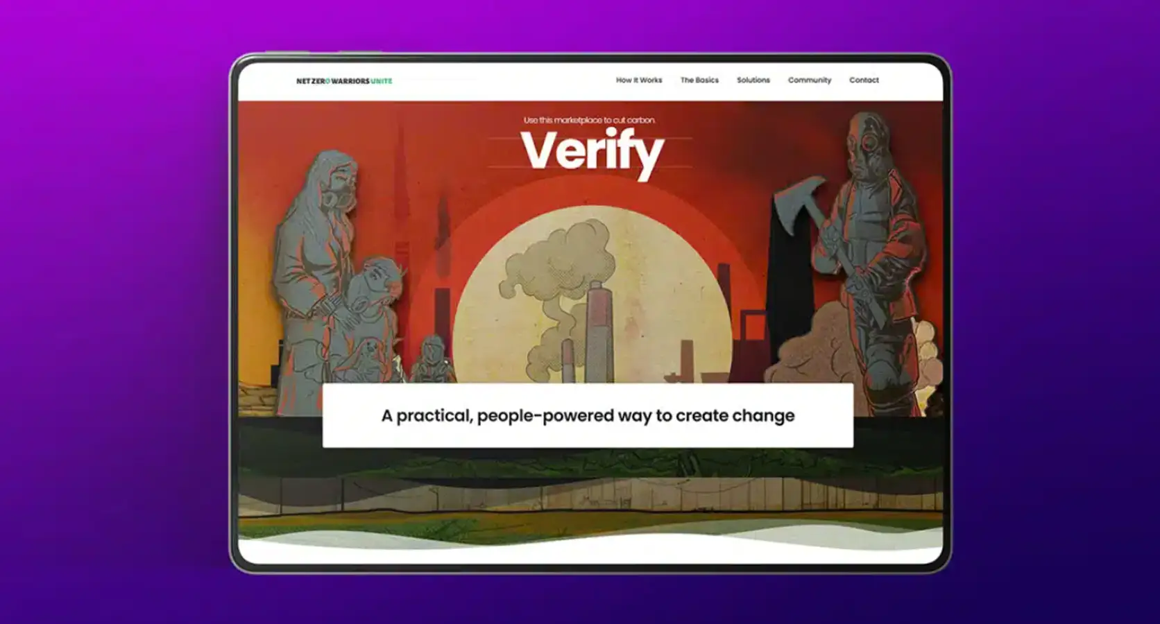 Homepage animation showing an illustrated forest landscape introducing the Net Zero Warriors Unite website