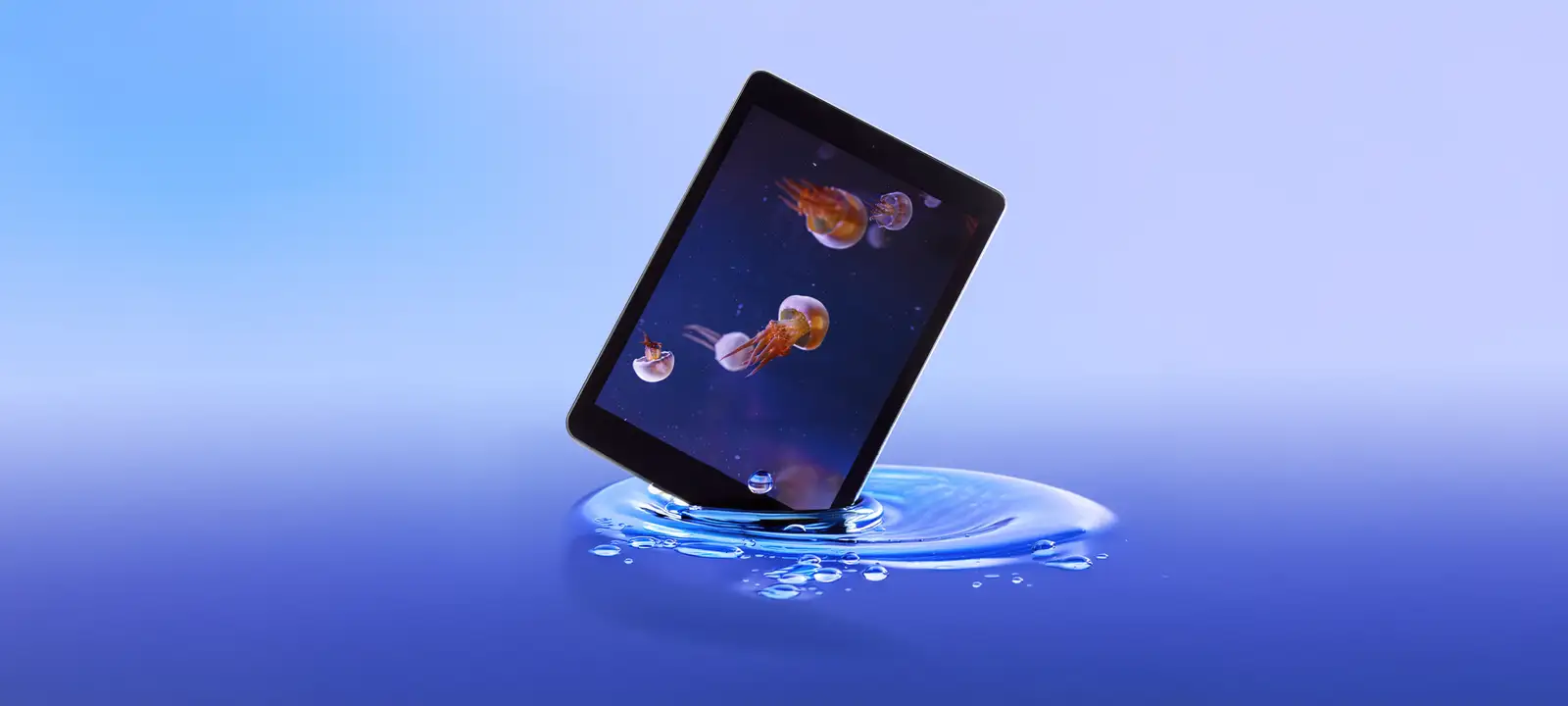 Tablet displaying jellyfish underwater
