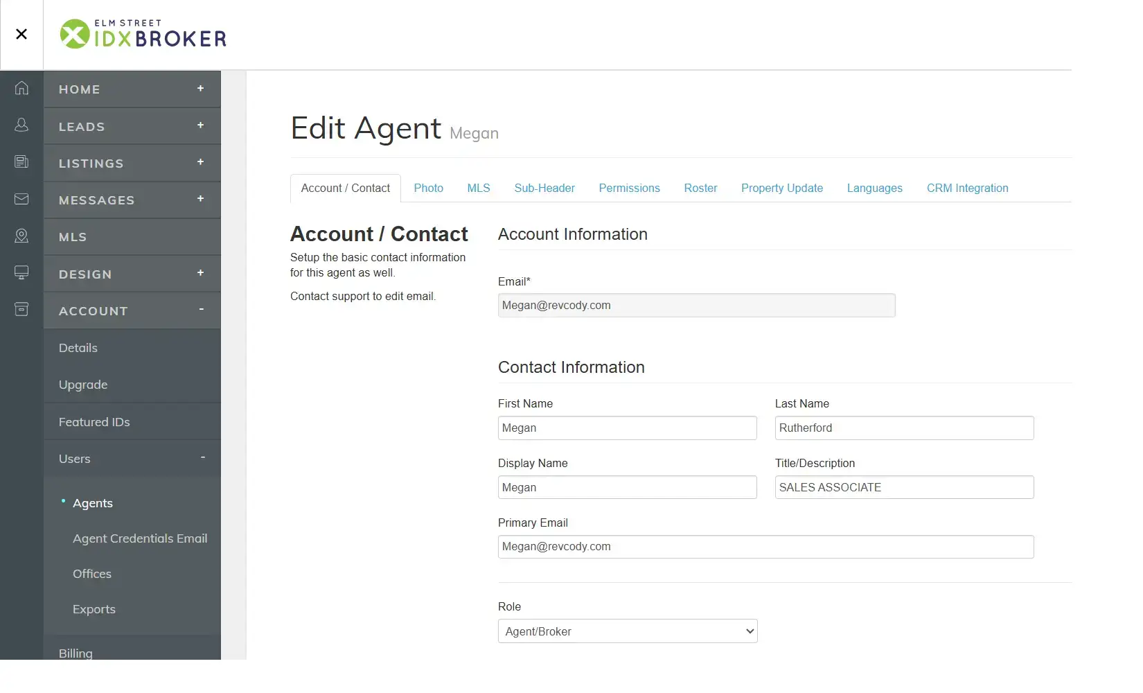 IDX Broker agent account settings for REV Real Estate sales associate