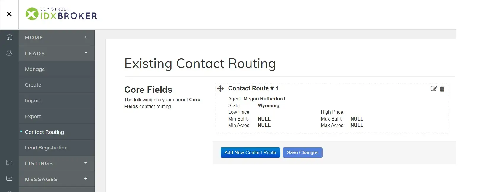 Completed IDX Broker contact routing rule showing Wyoming leads assigned to a REVcody agent
