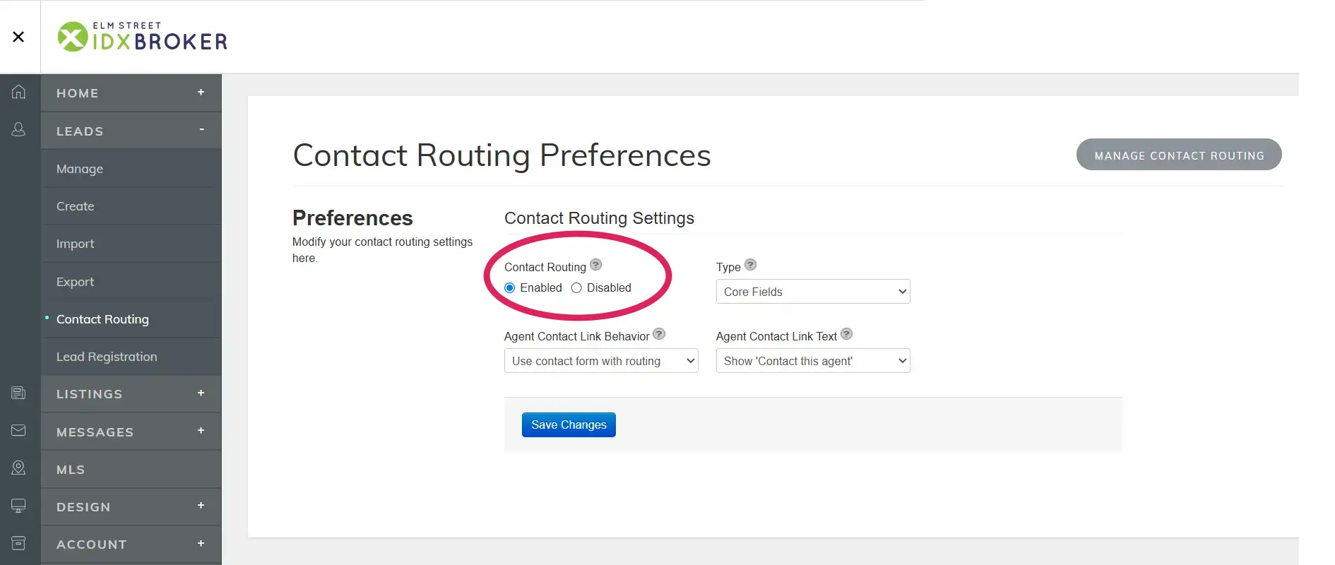 IDX Broker Contact Routing Preferences with contact routing enabled for incoming real estate leads