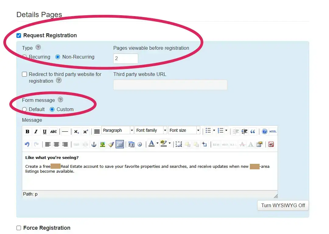 IDX Broker registration settings allowing visitors to view two property detail pages before receiving a registration reques