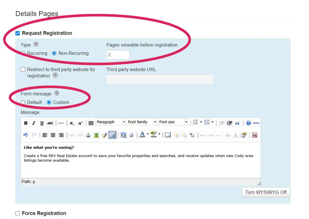 IDX Broker registration settings allowing visitors to view two property detail pages before receiving a registration reques