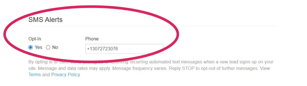 IDX Broker SMS Alerts enabled to notify REV Real Estate when a new property lead registers