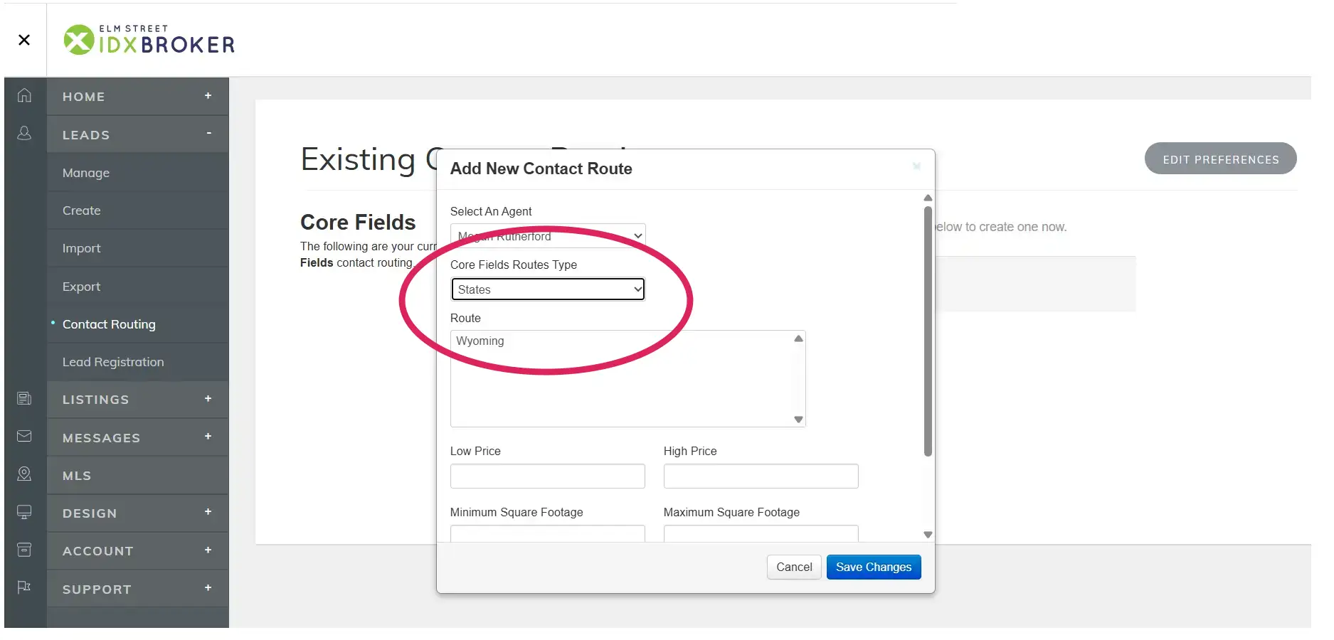 IDX Broker contact routing rule assigning Wyoming property leads