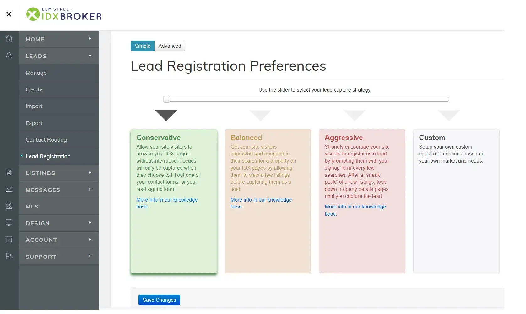 IDX Broker Lead Registration Preferences showing Conservative, Balanced, Aggressive and Custom lead capture options