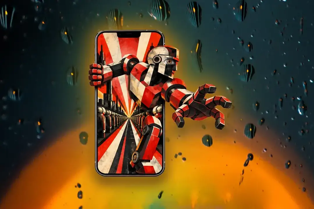 Red and black robot emerging from a smartphone against a futuristic orange background.