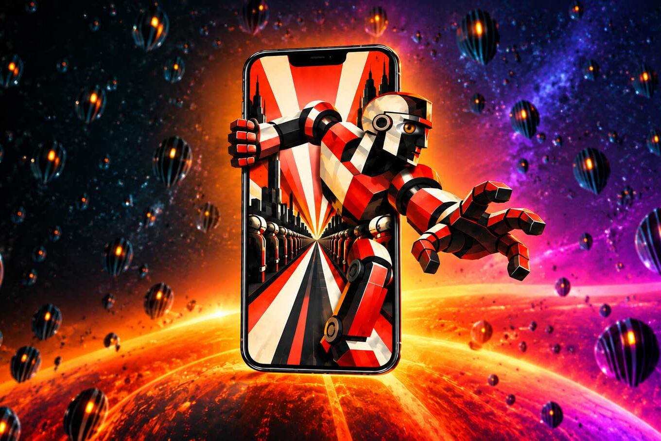 Red and black robot emerging from a smartphone against a futuristic background.