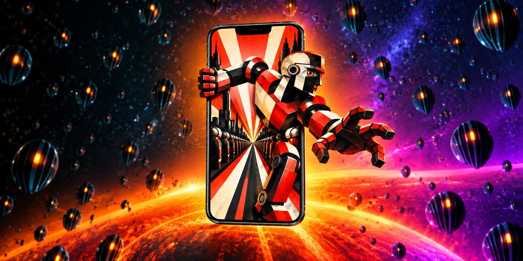 Red and black robot emerging from a smartphone against a futuristic background.