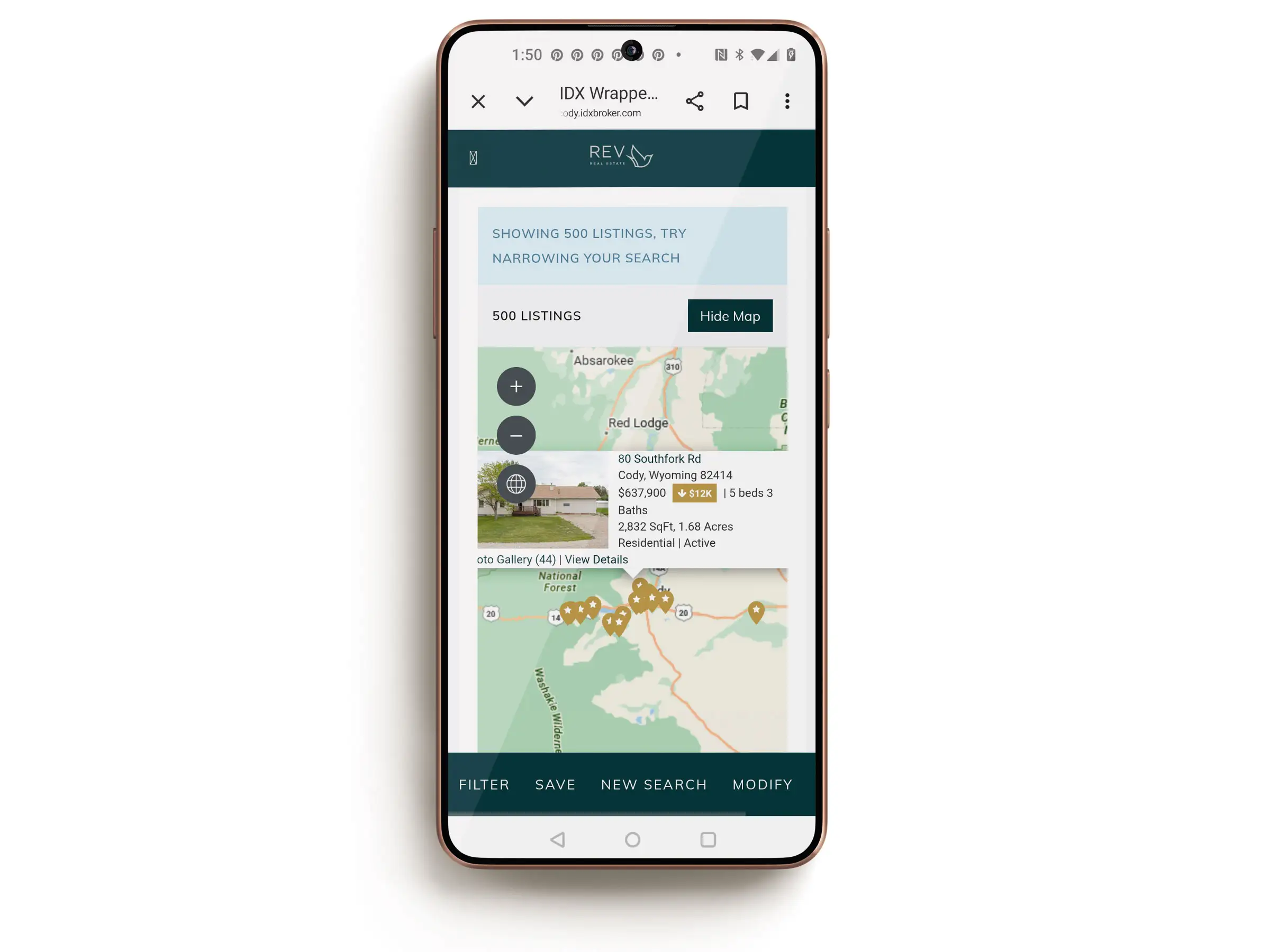Redesigned IDX Broker property popup shown on a mobile phone
